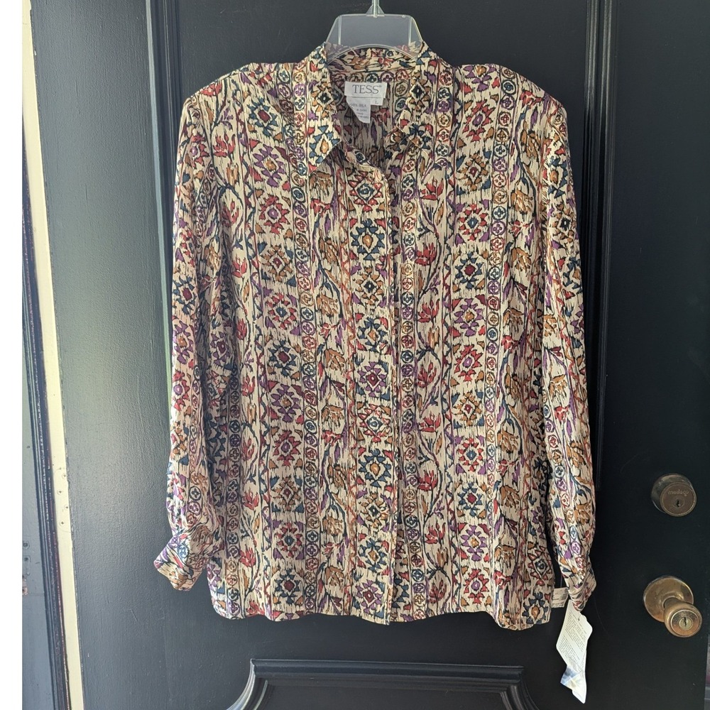 Vtg Deadstock Tess Button Up Blouse Top Multi Color Silk Ikat Print Womens Sz L